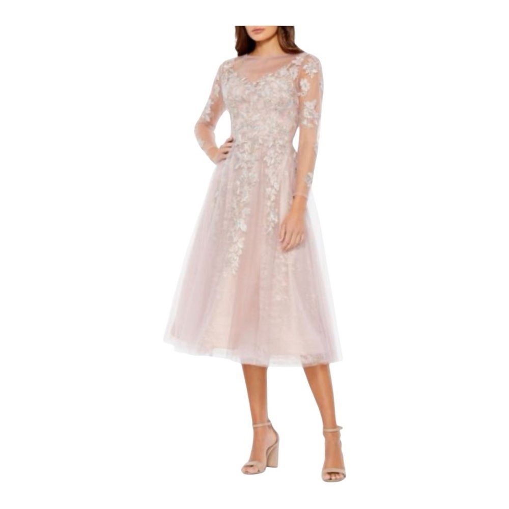 MAC DUGGAL Lace Tulle A Line Midi Dress in Vintage Lilac Size 6 Style 30681 NWT